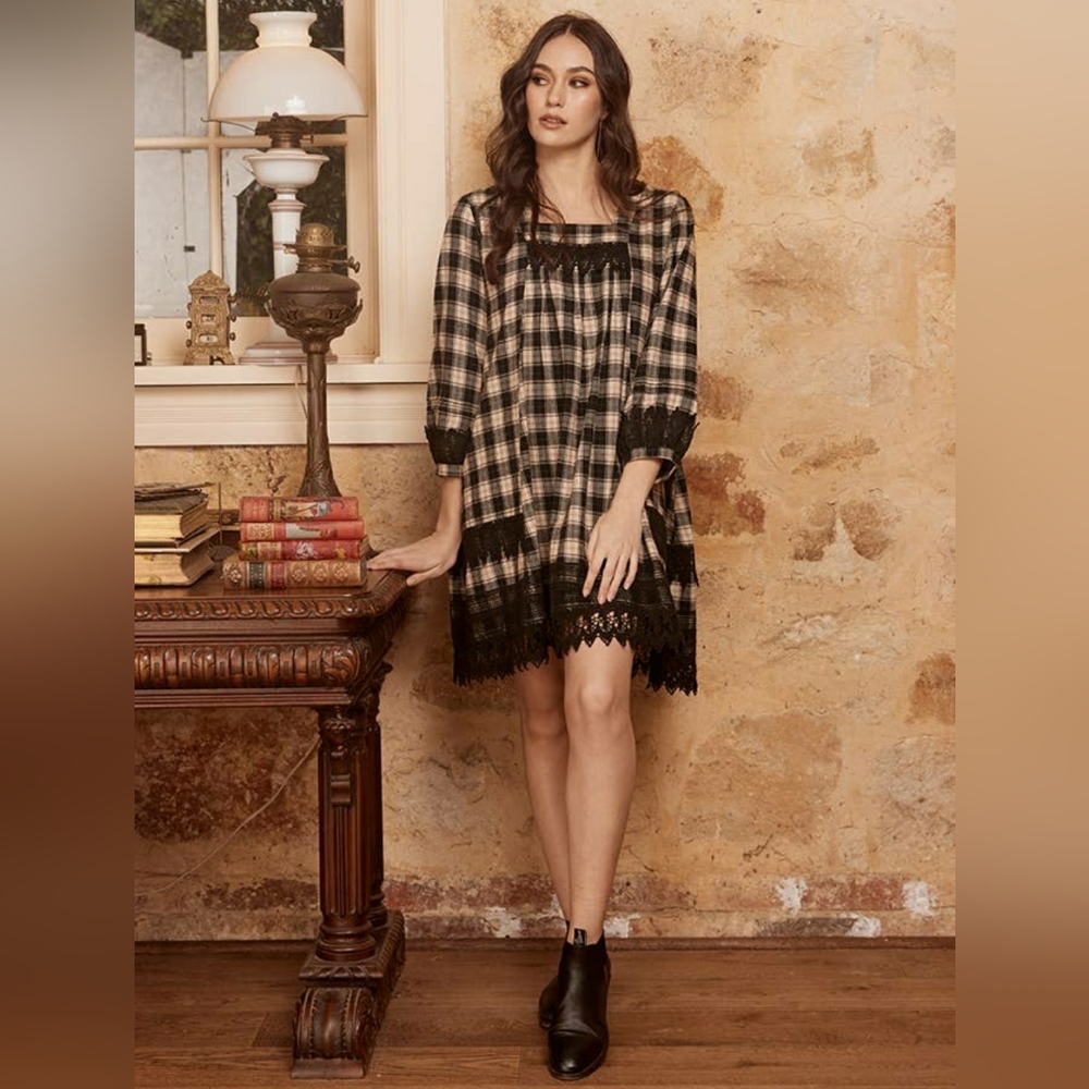 Isla Plaid Dress in Black Tartan and Vintage Lace